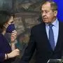 In this handout photo released by Russian Foreign Ministry Press Service, Russian Foreign Minister Sergey Lavrov and German Foreign Minister Annalena Baerbock leave a joint news conference following their talks in Moscow, Russia, Tuesday, Jan. 18, 2022. (Russian Foreign Ministry Press Service via AP)