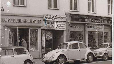 Die Karfreitstraße im Jahr 1964: Heinz Suntinger betrieb eine Ski-Werkstätte, das Schuhgeschäft Keiler gibt es hier heute noch