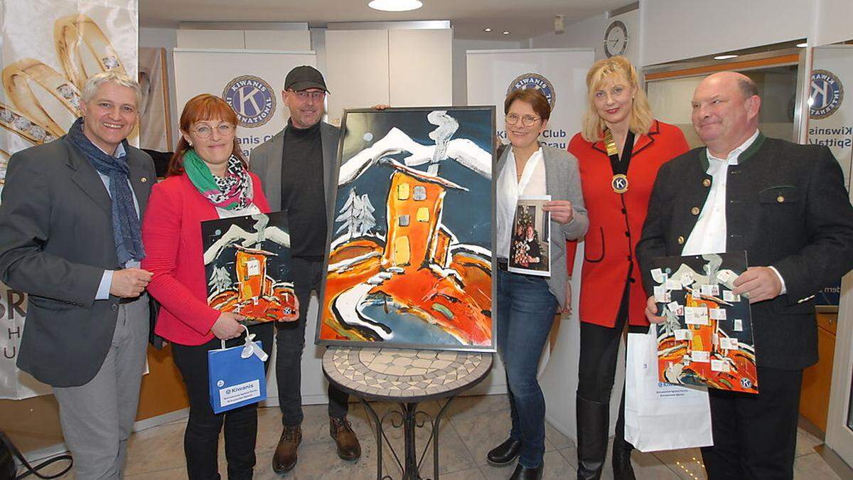 Adolf Lackner, Gewinnerin Edith Oberlerchner, Klaus Feistritzer, Brigitte Glatz mit Bild der Preisträgerin in Köln, Margit Demschar-Kircher, Peter Zlanabittnig