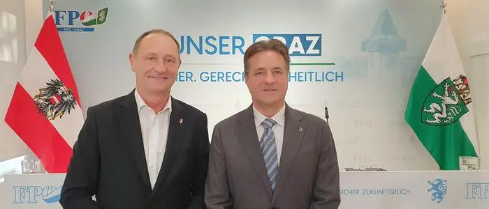 Der Grazer FPÖ-Chef Axel Kassegger und sein Spitzenkandidat René Apfelknab