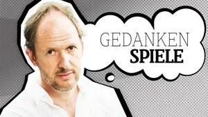 Ein Mann und eine Gedankenblase, in der „Gedankenspiele“ steht | Kabarettist Christian Hölbling