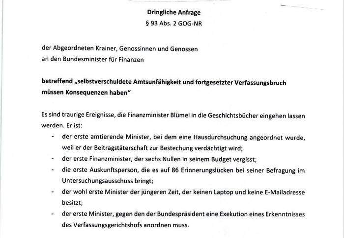 Auf acht Seiten schildert die SPÖ ihre Vorwürfe an Finanzminister Blümel und stellt ihm am Ende zwölf Fragen.