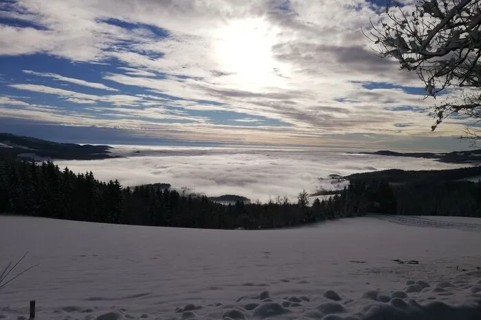 Leserreporterin Susanne Putz aus Pöllau hat den dichten Nebel im Pöllauer Tal samt verschneiter Landschaft festgehalten.