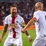 TRABZON,TURKEY,08.AUG.24 - SOCCER - UEFA Europa League, qualification, Trabzonspor Kuluebue vs SK Rapid Wien. Image shows the rejoicing of Guido Burgstaller and Lukas Grgic (Rapid).
Photo: GEPA pictures/ Philipp Brem