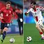 (COMBO) This combination of pictures created on June 19, 2024 shows Czech Republic's forward Patrik Schick (L) running with the ball during the UEFA EURO 2020 Group D football match between Czech Republic and England at Wembley Stadium in London on June 22, 2021; and Georgia's forward #07 Khvicha Kvaratskhelia running with the ball during the UEFA Euro 2024 Group F football match between Turkey and Georgia at the BVB Stadion in Dortmund on June 18, 2024. Georgia will face Czech Republic during the UEFA Euro 2024 Football Championship on June 22, 2024. (Photo by Laurence GRIFFITHS and Kenzo TRIBOUILLARD / AFP)