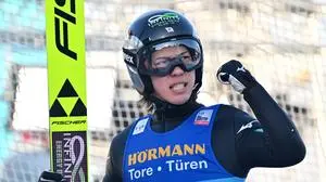 Japan's Ren Nikaido reacts after his jump during the first round of the Men's Individual Large Hill HS128 event of the FIS Ski Jumping World Cup, the third leg of the Four Hills Tournament, in Innsbruck, Austria on January 4 , 2026. (Photo by KERSTIN JOENSSON / AFP)