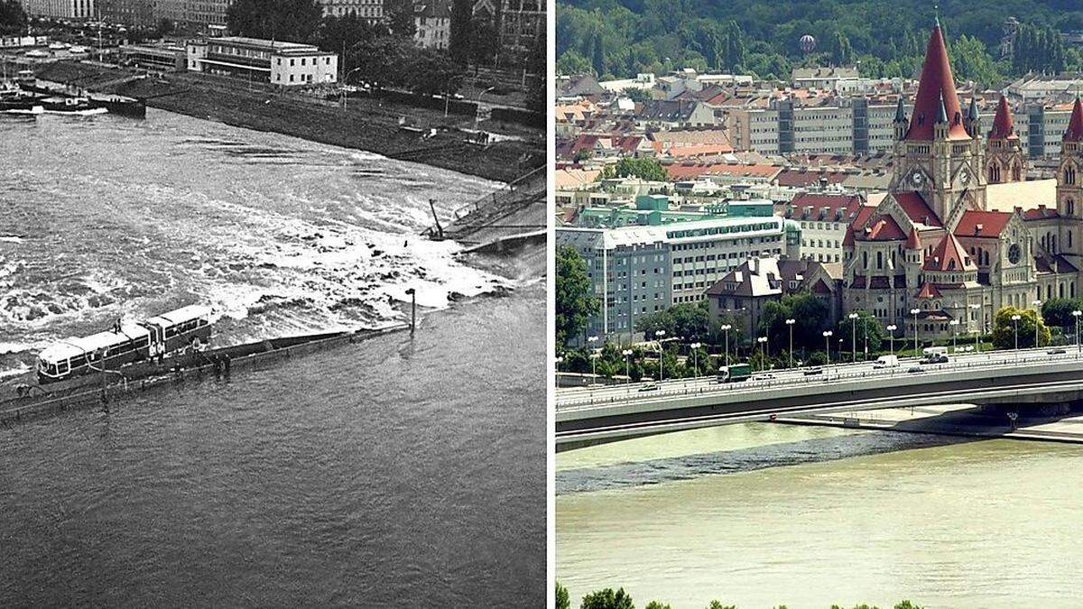 Das linke Bild zeigt die am 1. August 1976 eingestürzte Reichsbrücke mit einem daraufstehenden Linienbus; das rechte Bild zeigt die im November 1980 wieder eröffnete Reichsbrücke
