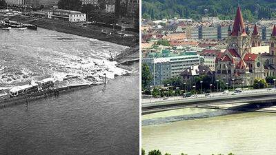 Das linke Bild zeigt die am 1. August 1976 eingestürzte Reichsbrücke mit einem daraufstehenden Linienbus; das rechte Bild zeigt die im November 1980 wieder eröffnete Reichsbrücke