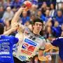 BRUCK,AUSTRIA,18.APR.25 - HANDBALL - OEHB Cup, final four, BT Fuechse vs Schwaz Handball Tirol. Image shows Hasbulat Sabazgiraev (Bruck), Michael Miskovez (Schwaz) and Christoph Neuhold (Bruck).
Photo: GEPA pictures/ Mario Buehner-Weinrauch