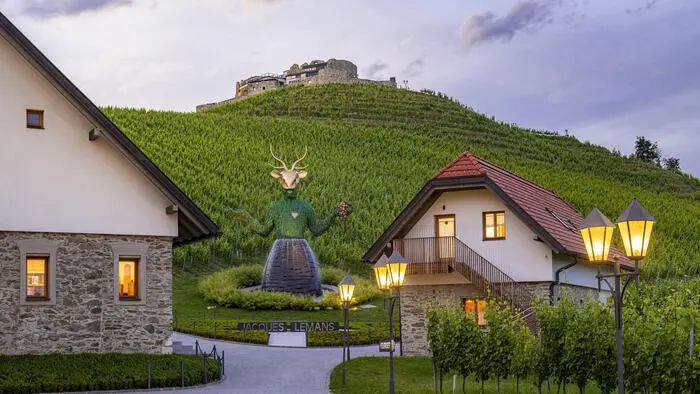 Ein Weingut bei Dämmerung. Im Vordergrund sind zwei Häuser zu sehen. Im Hintergrund thront die Burg Taggenbrunn über dem Gut.