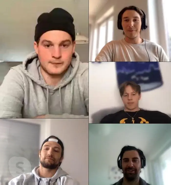 Zwerger (groß), Herburger (unten links), Harand, Rossi und Quendler (rechts von oben nach unten) im Eiskalt-Videotalk