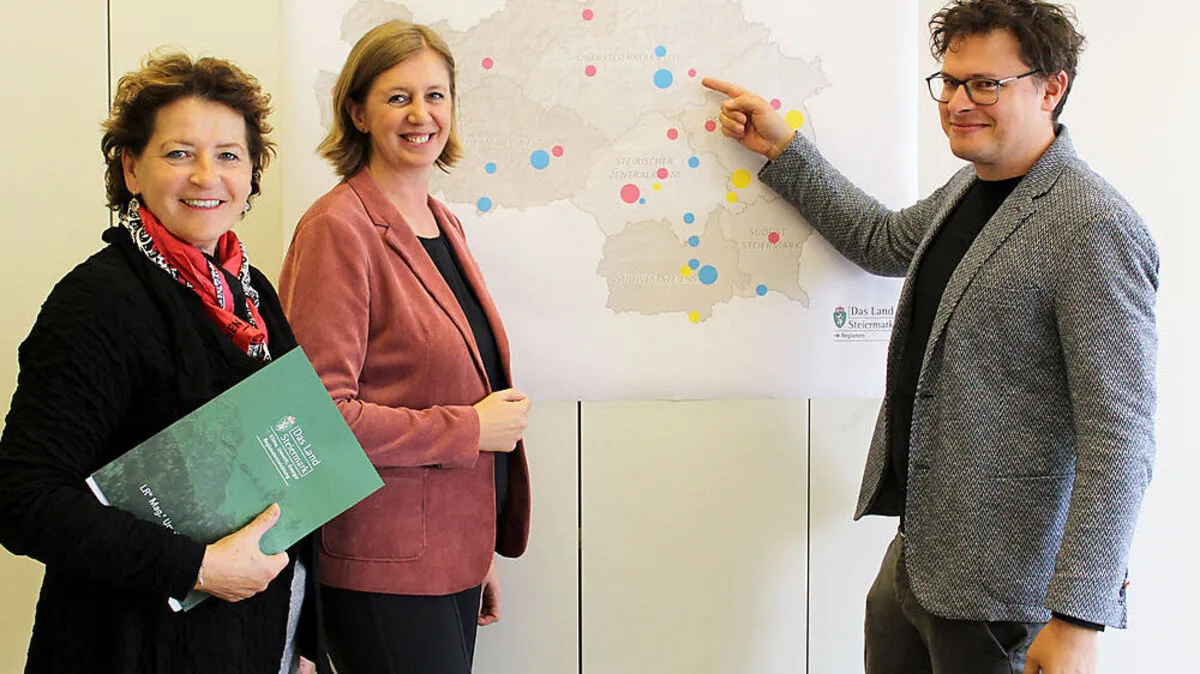 Landesrätinnen Lackner, Eibinger-Miedl und Ortskernkoordinator Spindler