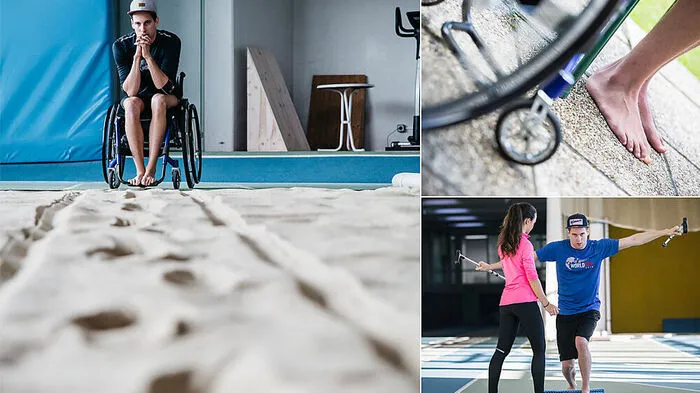 Spuren im Sand: Für Müller das Resultat beinharter Arbeit (links). Mit Physiotherapeutin Stefanie Füreder geht er im Training oft über die Grenzen hinaus, nur ganz wird er seinen "Rolli" nicht wieder los.