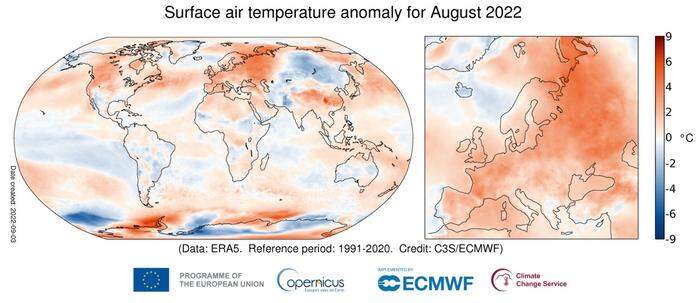 Anomalie der Oberflächenlufttemperatur für August 2022 im Vergleich zum August-Durchschnitt des Zeitraums 1991-2020. 