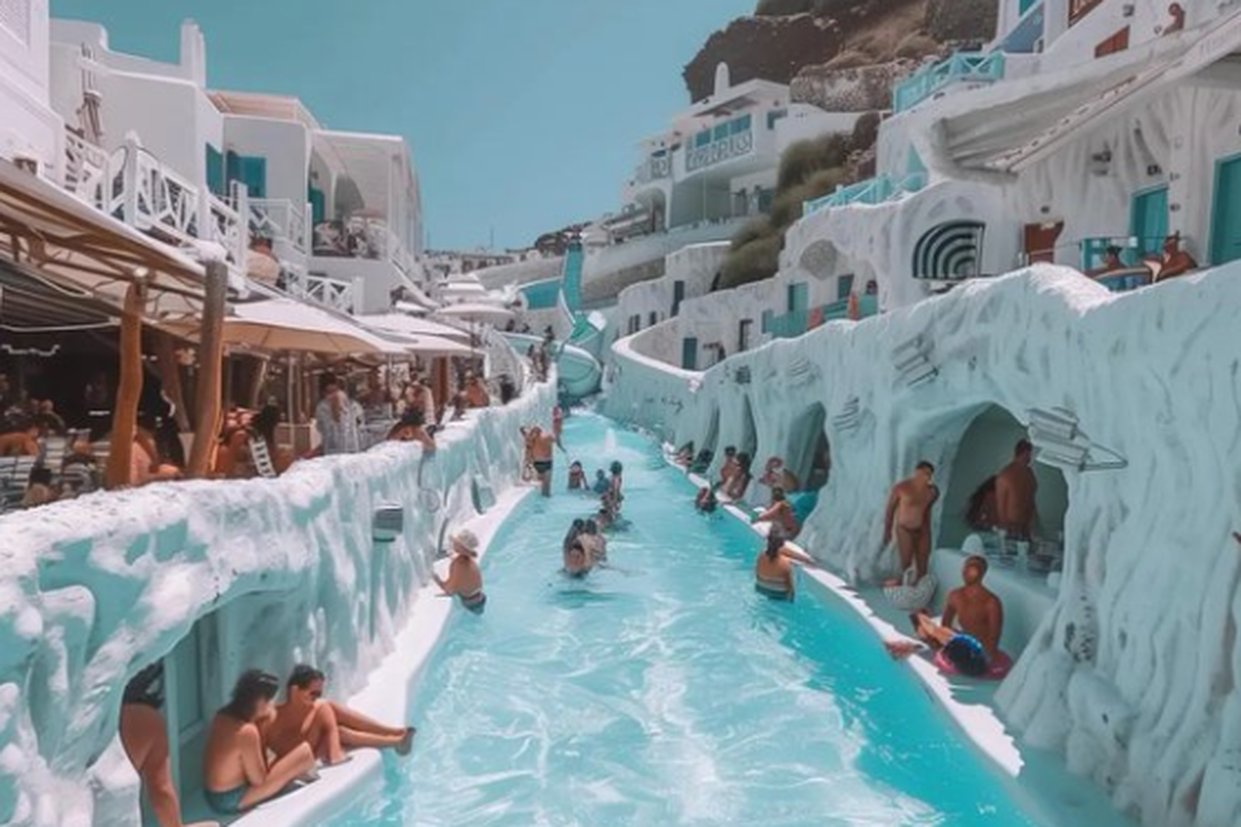 Wasserrutsche in der Stadt : Touristen werden mit KI-generiertem Bild von Santorini getäuscht 
