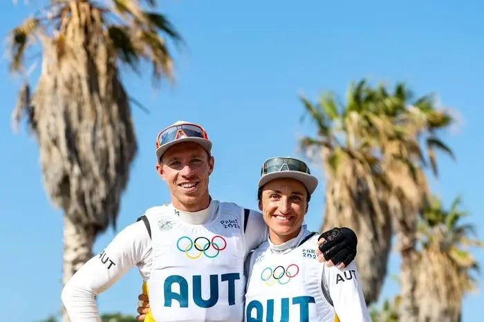 MARSEILLE,FRANCE,06.AUG.24 - OLYMPICS, SAILING - Olympic Summer Games Paris 2024, mixed dinghy. Image shows Lukas Maehr and Lara Vadlau (AUT). Photo: GEPA pictures/ Matic Klansek