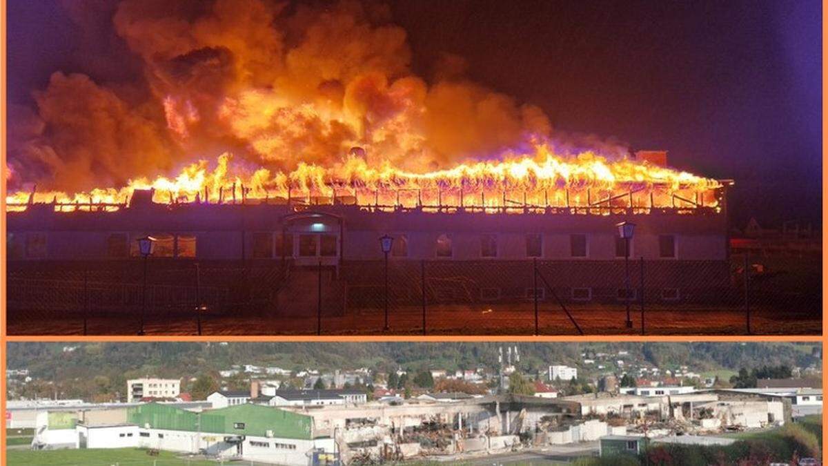 Nach dem Brand vom 28. September 2024 liegt die Lebek-Halle in Wolfsberg in Schutt und Asche