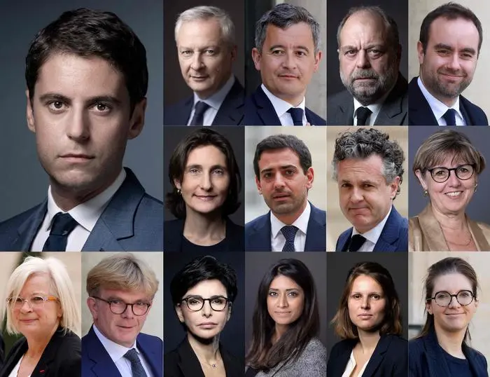 TOPSHOT - (COMBO): This combination of files photographs created on January 11, 2024, shows members of the cabinet of newly appointed Prime minister Gabriel Attal (top L) following its announcement (from top left) French Minister for the Economy and Finances Bruno Le Maire, French Interior and Overseas Minister Gerald Darmanin, French Justice Minister Eric Dupond-Moretti, French Armies Minister Sebastien Lecornu, French Education and Youth Minister Amelie Oudea-Castera, French Foreign and European Affairs Minister Stephane Sejourne, French Minister for Ecological Transition and Territories' Cohesion Christophe Bechu, French Higher Education and Research Minister Sylvie Retailleau, French  Minister for Labour, Health and Solidarities Catherine Vautrin, French Agriculture Minister Marc Fesneau, French Culture Minister Rachida Dati, French minister for Democratic Renewal and government Spokesperson Prisca Thevenot, French Junior Minister for the Relations with the Parliament Marie Lebec and French Minister for Gender Equality Aurore Berge. The reshuffle followed the appointment this week of 34-year-old Gabriel Attal as prime minister which Macron hopes will give his presidency new momentum. (Photo by AFP)