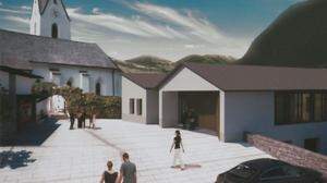 Der Plan für das neue Dorfzentrum: Statt dem Hanserhof soll ein neues Gemeindegebäude mit Platz für die Pfarre errichtet 