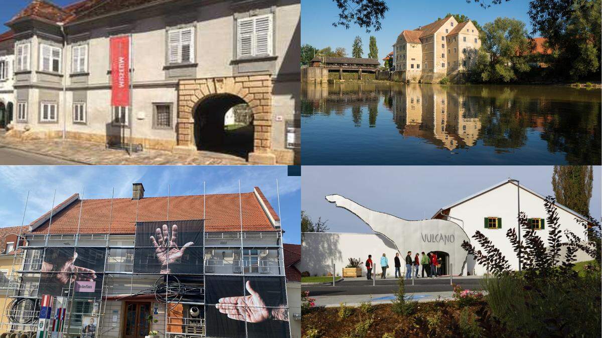 In der Südoststeiermark findet die Lange Nacht der Museen unter anderem im Museum im Alten Zeughaus (o. l.), in der Berghofermühle (o. r.), im Gerberhaus (u. l.) und in der Schinkenmanufaktur Vulcano (u. l.) statt