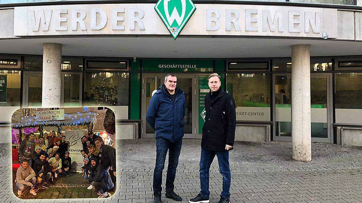 Das Austria Klagenfurt Trainer-Duo Robert Micheu und Martin Lassnig (rechts) nahm wertvolle Eindrücke aus Bremen mit. Die Violetten feierten im Cafe Herzig in Klagenfurt die starke erste Saisonhälfte (kl. Foto)