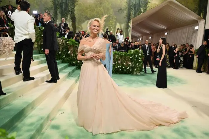  Pamela Anderson feierte ihr Debüt. Der „Baywatch“-Star war erstmals bei der Gala zu Gast und trug ein schlichtes Kleid mit extravagantem Kopfschmuck. Zudem zeigte sich Anderson seit Langem wieder einmal mit Makeup