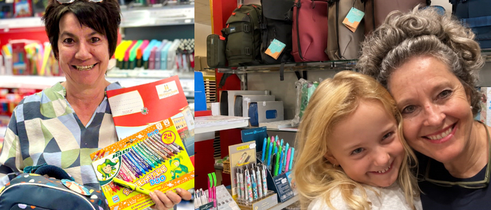 Links: Roswitha Reiterer (l.) berät im Kaufhaus Hubmann in Stainz Schüler und Eltern. Rechts: Alles für die Schule bietet auch Sandra Trabi (am Bild mit Enkelin Levi) im Cäsar Hödl in Leibnitz an