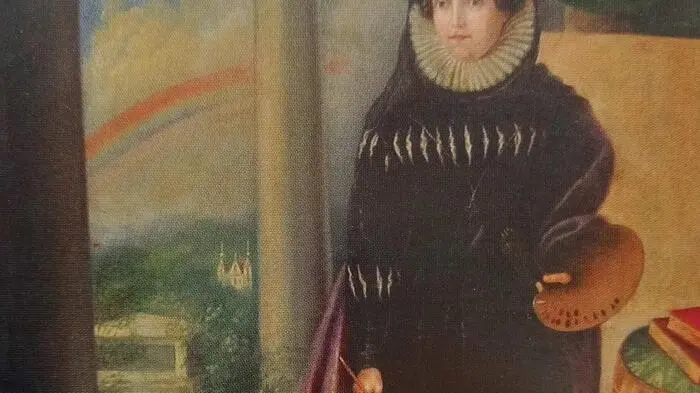 Das Selbstportrait (1828) von Therese Eissl mit dem Grabmal im Hintergrund | 
Das Selbstportrait (1828) von Therese Eissl mit dem Grabmal von Mathias Eissl im Hintergrund