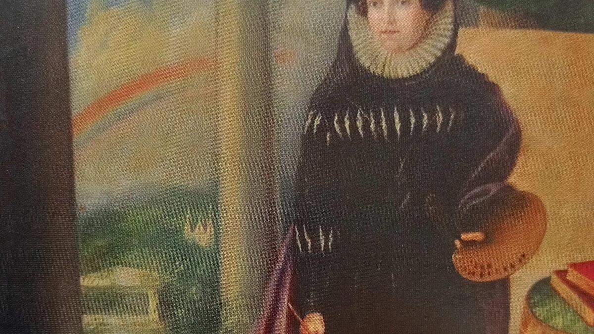 Das Selbstportrait (1828) von Therese Eissl mit dem Grabmal im Hintergrund | 
Das Selbstportrait (1828) von Therese Eissl mit dem Grabmal von Mathias Eissl im Hintergrund