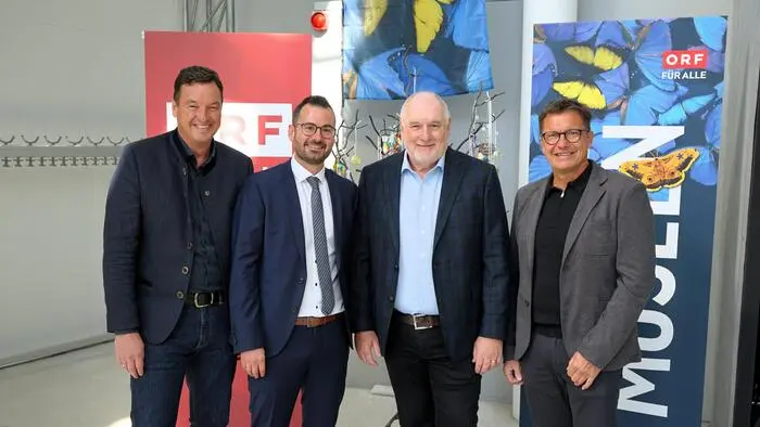 LAbg. und Bürgermeister Jochen Bocksruker, Stoelzle-Managing Director Andreas Zöchling, ORF-Landesdirektor Gerhard Koch und Stadtrat Andreas Albrecher bei der Programmpräsentation in Bärnbach