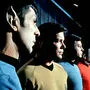 Von links: Leonard Nimoy als Commander Spock, William Shatner als Captain Kirk, DeForest Kelley als Doctor McCoy und James Doohan als Commander Scott