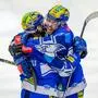 VILLACH,AUSTRIA,04.MAR.25 - ICE HOCKEY - ICE Hockey League, play off quarterfinal, Villacher SV vs HCB Suedtirol. Image shows the rejoicing of Alexander Rauchenwald and Thomas Vallant (VSV).   
Photo: GEPA pictures/ Matthias Trinkl