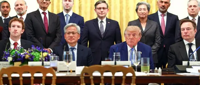 Meta-CEO Mark Zuckerberg, Nvidia-Boss Jensen Huang, Donald Trump und Elon Musk (Tesla und SpaceX)
