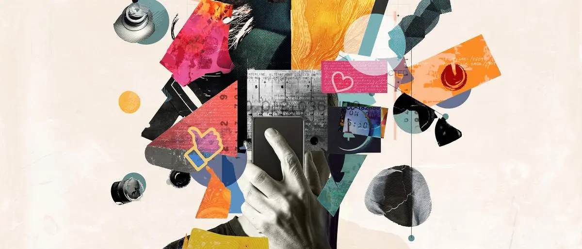 Digital overload and its impact on the human brain, showcasing fragmented thoughts, information overload. Abstract design art collage. Social media digital addiction, mental health, stress, anxiety