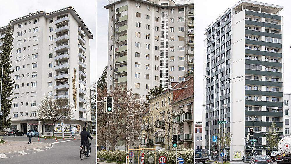 Klagenfurts höchste Häuser an der Ecke Fromillerstraße/Kempfstraße, in der Luegerstraße und am Villacher Ring