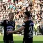 GRAZ,AUSTRIA,19.MAY.24 - SOCCER - ADMIRAL Bundesliga, championship group, SK Sturm Graz vs SK Austria Klagenfurt. Image shows Mika Biereth and Dimitri Lavalee (Sturm).
Photo: GEPA pictures/ Hans Oberlaender