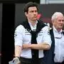 Mercedes' Austrian team principal Toto Wolff (L) and Red Bull Racing's director Helmut Marko arrive in the pits of the Circuit de Monaco before the second practice session of the Formula One Monaco Grand Prix on May 24, 2024, two days ahead of the race. (Photo by ANDREJ ISAKOVIC / AFP)