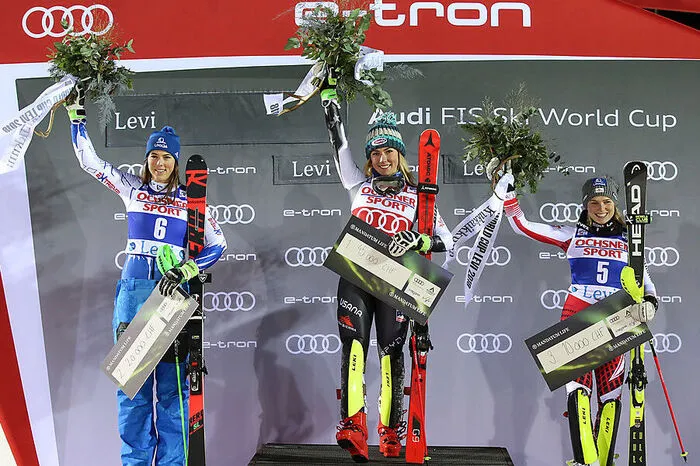 17.11. 2018, Slalom in Levi. 1. Mikaela Shiffrin (USA), 2. Petra Vlhova (SVK), 3. Bernadette Schild (AUT). Zum Bericht.