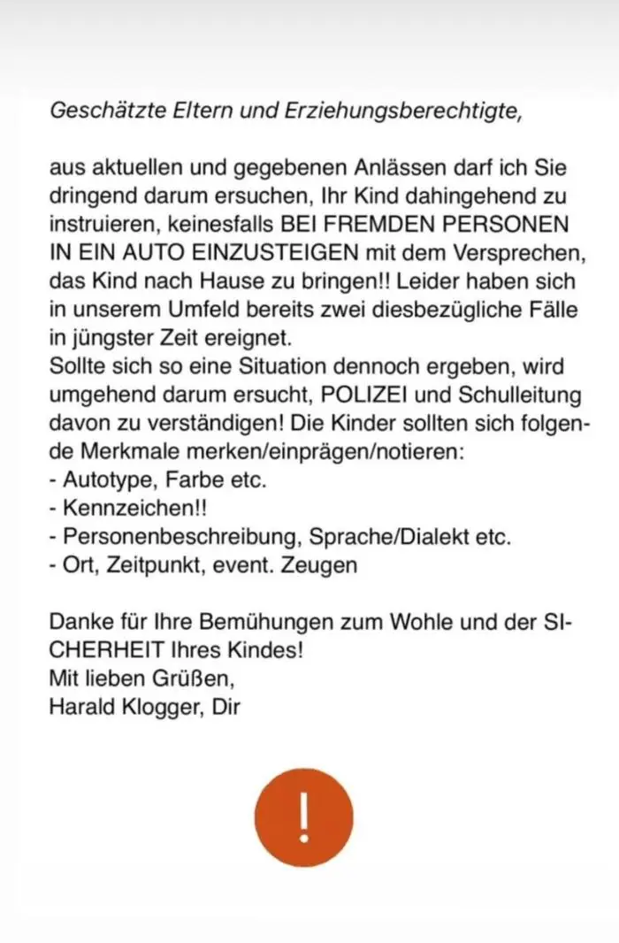 Mit diesem Schreiben warnt Klogger die Eltern
