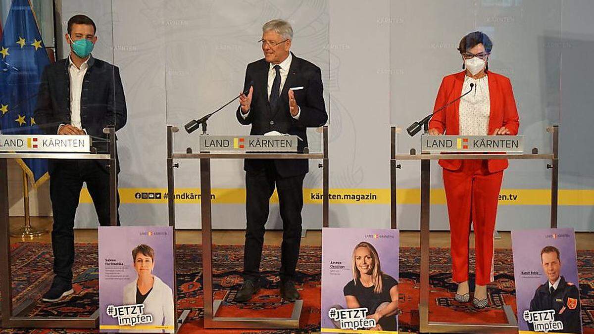 Landesrat Sebastian Schuschnig, Landeshauptmann Peter Kaiser und Gesundheitsreferentin Beate Pretner bei der Kampagnen-Präsentation