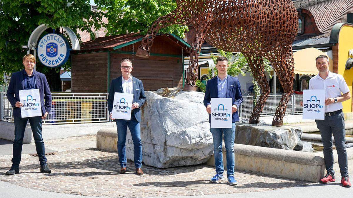 Wollen mit dem Projekt &quot;ShopIn Köflach&quot; die Wirtschaftsreibenden zusammenführen: Christian Bacher, Daniel Muik, Hans-Jürgne Laschat und Bürgermeister Helmut Linhart