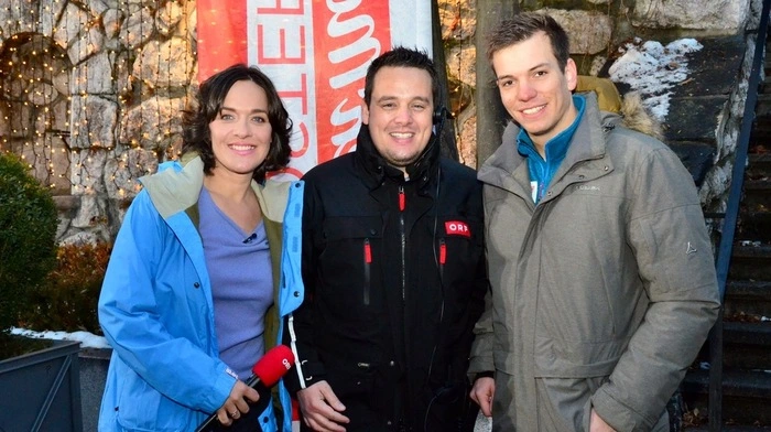 Eva Pölzl und Marco Ventre holten Donnerstag Früh viele Gesprächspartner vor die Kamera und unterhielten sowohl die Hermagorer, die zur Livesendung vor Ort kamen, und die Zuseher vor den TV-Schirmen. Hier im Gespräch mit Markus Salcher, der erst am Wochenende zwei Goldene bei der Para-Ski-WM in Tarvis holte.