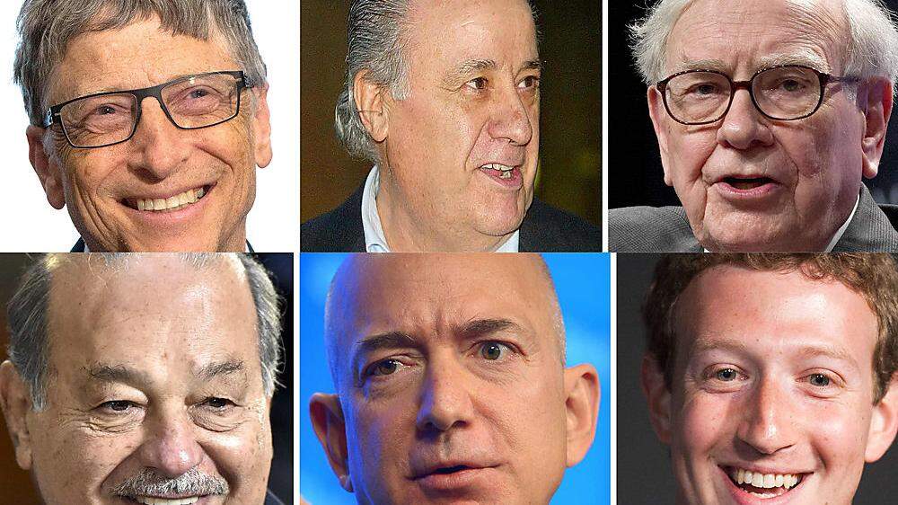 Von links oben (im Uhrzeigersinn): Bill Gates, Amancio Ortega, Warren Buffett, Mark Zuckerberg, Jeff Bezos und Carlos Slim