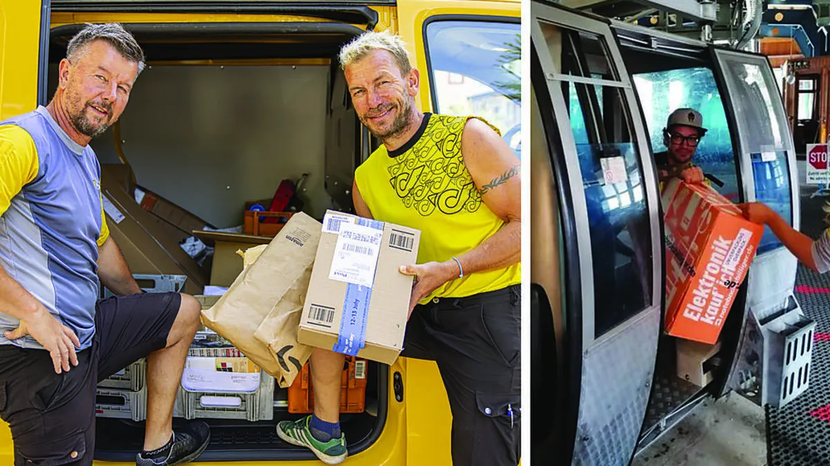 Links: Claus und Daniel (rechts) Ambrosch sind noch immer viel zu Fuß unterwegs. Rechts: Matthias Ambrosch, der derzeit auf Urlaub ist, stellte Pakete mit der Gondel zu  
