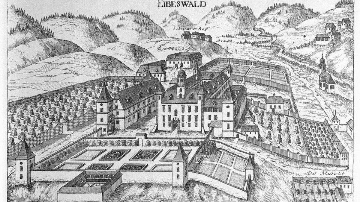 Eine Ansicht von Schloss Eibiswald aus Vischers Topographia Ducatus  Styriae aus dem Jahr 1681 