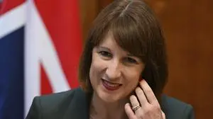Britain's Chancellor of the Exchequer Rachel Reeves cheers a meeting of the National Wealth Fund Taskforce at 11 Downing Street in London, Tuesday, July 9, 2024. (Justin Tallis/Pool Photo via AP)