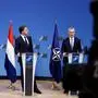 NATO Secretary General Jens Stoltenberg and Netherlands' Prime Minister Mark Rutte (L) hold a press conference at the NATO headquarters in Brussels, on April 17, 2024. (Photo by KENZO TRIBOUILLARD / AFP)