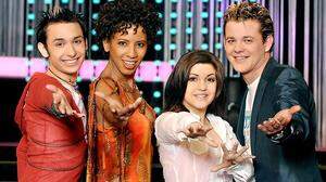 Die &quot;Starmania&quot;-Finalisten der dritten Staffel (2007) mit Arabella Kiesbauer: Tom, Nadine, Gernot