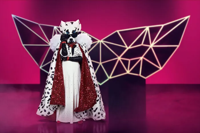 Der Dalmatiner ist eine echte Show-Diva. Der Saum des Samtkleides, Handschuhe, Gürtel und die handgefertigte XXL-Sonnenbrille sind mit mehreren hundert Swarovski-Steinen besetzt.