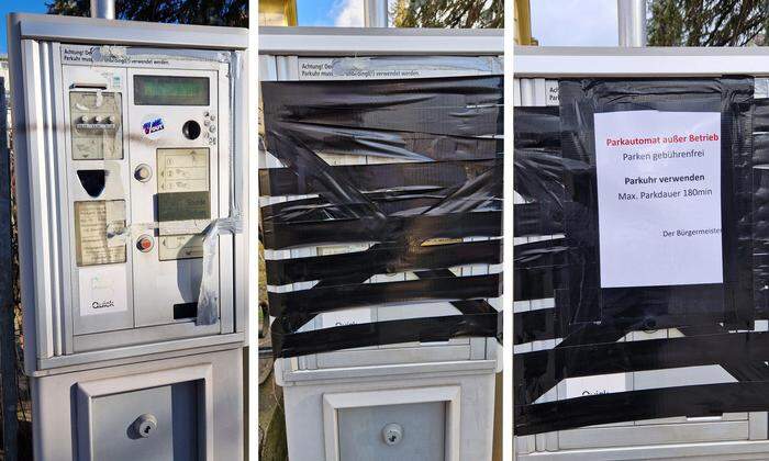 Von links: der Parkautomat am 25. Jänner, als der Vorfall passierte, am 26. Jänner in der Früh und am 26. Jänner zu Mittag, als wieder ein Hinweis zur gebührenfreien Parkzone angebracht war